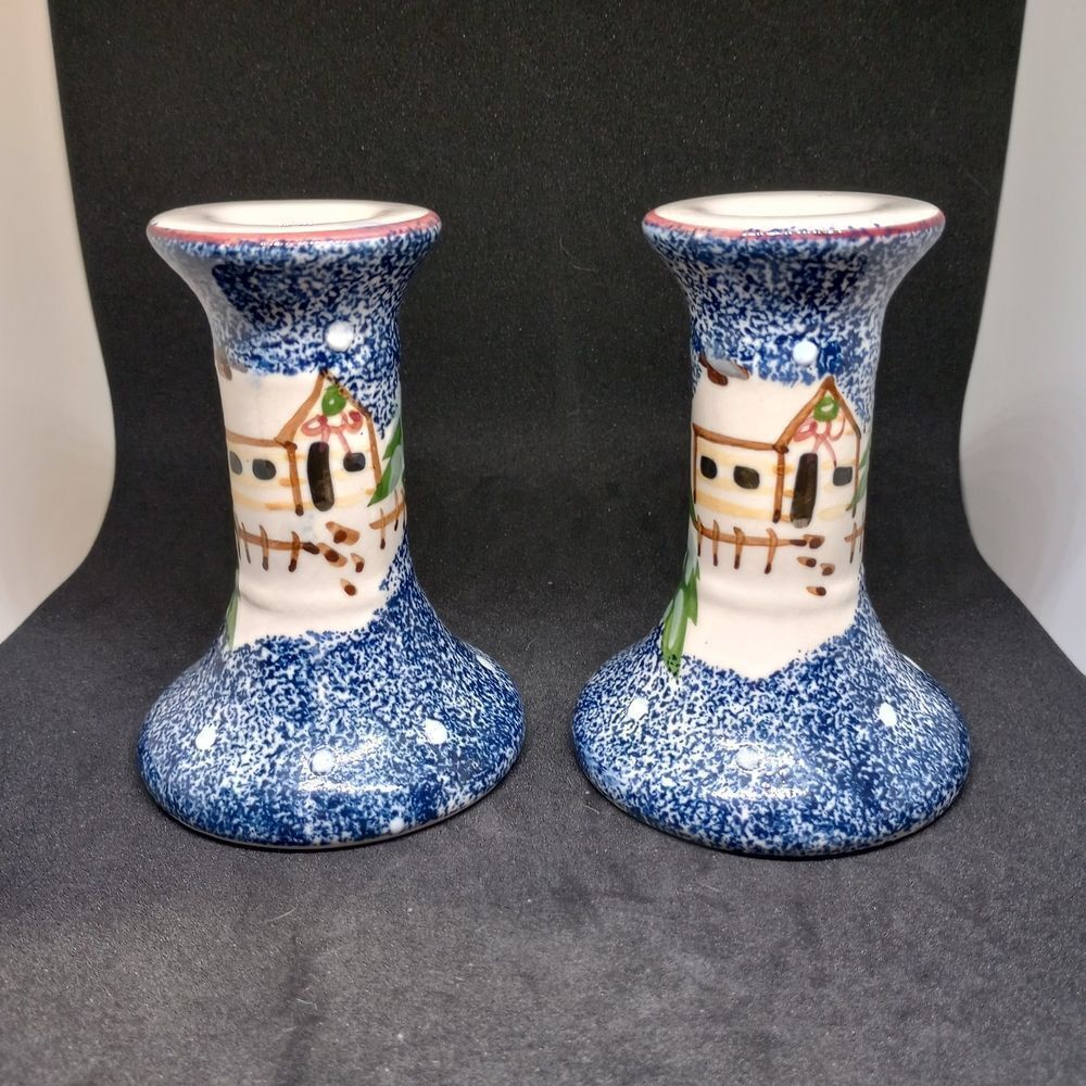 Vintage Blue and White Ceramic Candle Holders